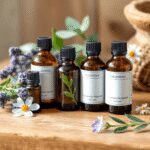 Bouteilles d'huiles essentielles assorties avec de la lavande, de l'eucalyptus et de la camomille sur une surface en bois, doucement éclairées pour...