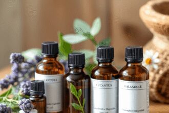 Bouteilles d'huiles essentielles assorties avec de la lavande, de l'eucalyptus et de la camomille sur une surface en bois, doucement éclairées pour...