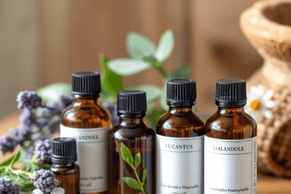 Bouteilles d'huiles essentielles assorties avec de la lavande, de l'eucalyptus et de la camomille sur une surface en bois, doucement éclairées pour...