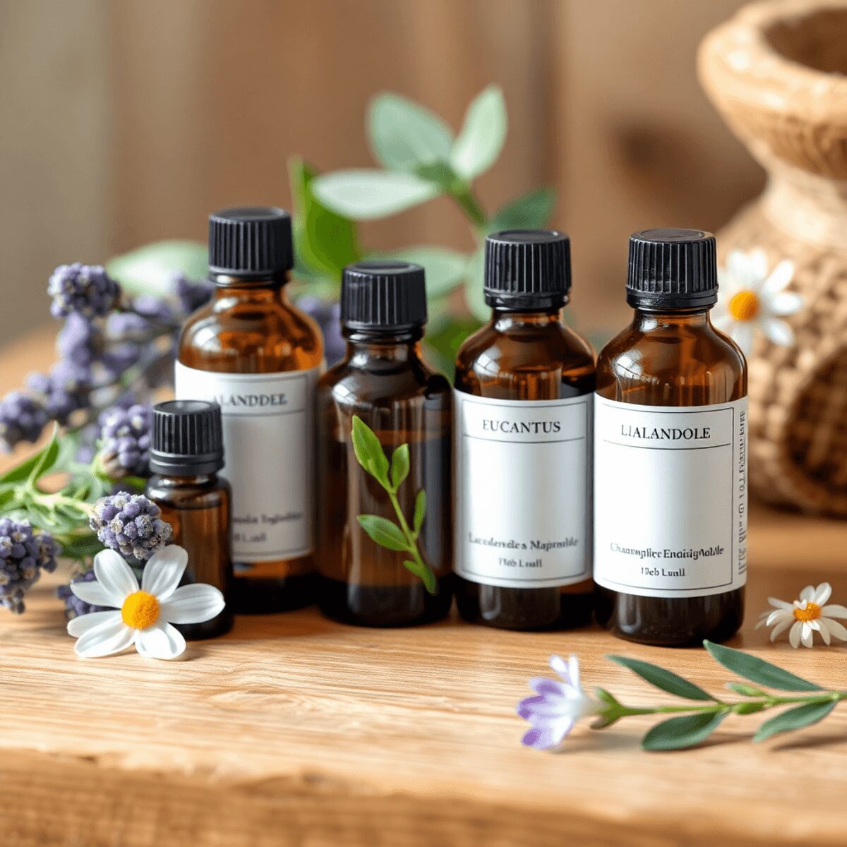 Bouteilles d'huiles essentielles assorties avec de la lavande, de l'eucalyptus et de la camomille sur une surface en bois, doucement éclairées pour...