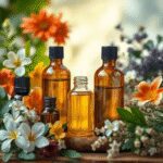 Bouteilles d'huiles essentielles entourées de plantes aromatiques fraîches et de fleurs, baignées dans une lumière naturelle douce, évoquant le cal...