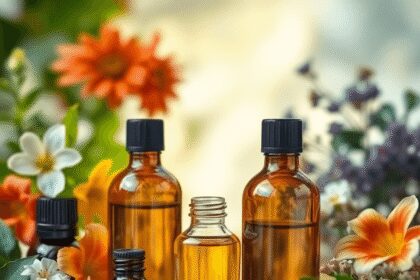 Bouteilles d'huiles essentielles entourées de plantes aromatiques fraîches et de fleurs, baignées dans une lumière naturelle douce, évoquant le cal...