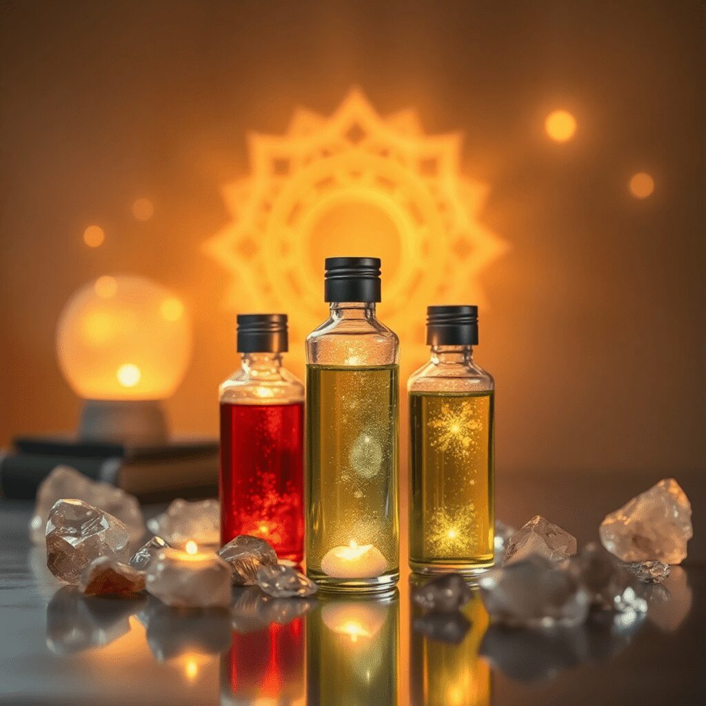 Bouteilles en verre élégantes avec des élixirs minéraux lumineux entourés de cristaux doucement éclairés et de subtils symboles de chakra flottants...