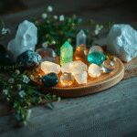 Des cristaux de guérison et des pierres précieuses scintillants disposés sur du bois, entourés d'herbes vertes et de petites fleurs, créant une scè...