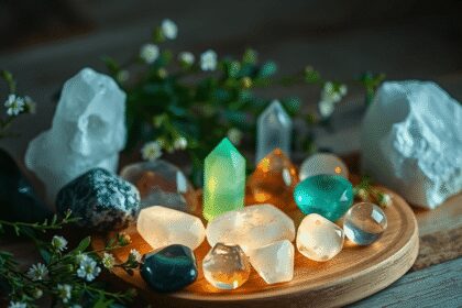 Des cristaux de guérison et des pierres précieuses scintillants disposés sur du bois, entourés d'herbes vertes et de petites fleurs, créant une scè...