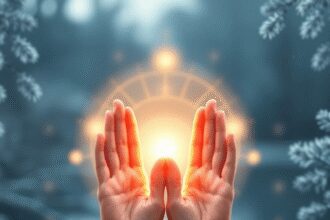 Des mains formant un mudra traditionnel avec des vagues d'énergie lumineuses, sur fond naturel calme avec du givre et des branches de pin.