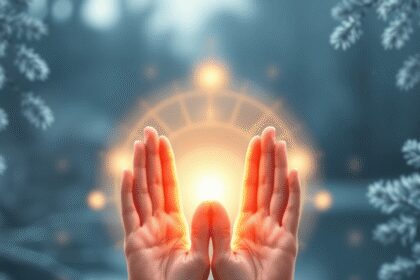 Des mains formant un mudra traditionnel avec des vagues d'énergie lumineuses, sur fond naturel calme avec du givre et des branches de pin.