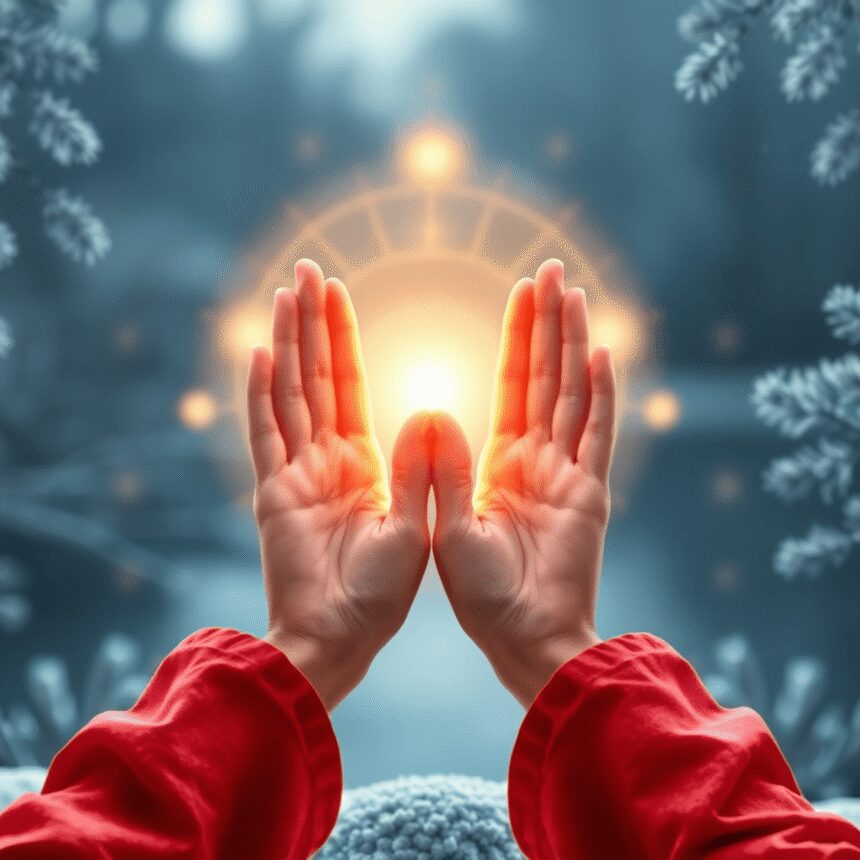 Des mains formant un mudra traditionnel avec des vagues d'énergie lumineuses, sur fond naturel calme avec du givre et des branches de pin.