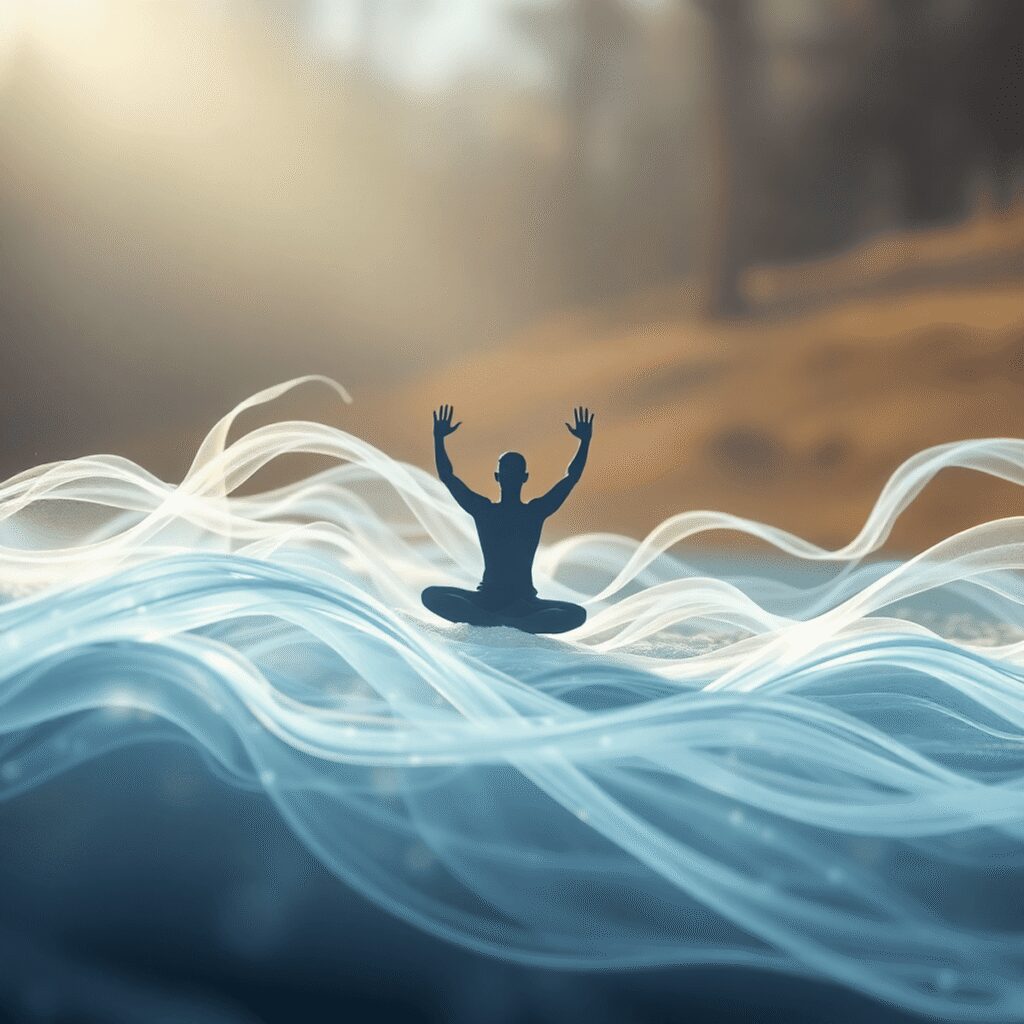 La méditation dynamique : mouvements corporels et libération énergétique guidée Des vagues d'énergie abstraites s'entrelacent avec des silhouettes humaines méditatives sur un fond naturel doux et terreux, évoquant la tranquilli...