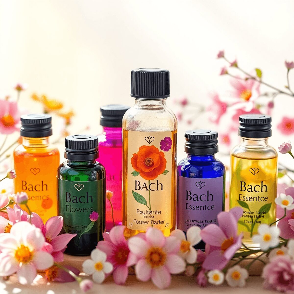 Essences de fleurs de Bach colorées dans des bouteilles en verre avec une douce lumière naturelle et de délicates fleurs, évoquant l'équilibre émot...