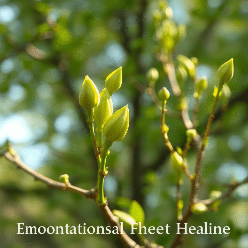 Gros plan de jeunes bourgeons d'arbres verts frais et de jeunes pousses brillant doucement au soleil, évoquant la sérénité et la guérison naturelle.