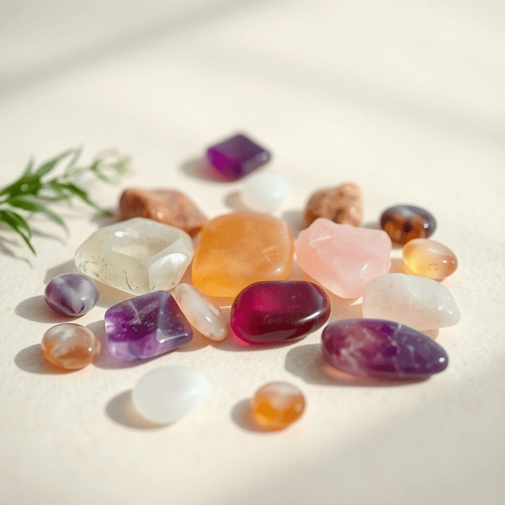 Gros plan sur des pierres d'améthyste, de quartz rose et de citrine sur un fond doux avec une lumière douce mettant en valeur leurs couleurs et tex...