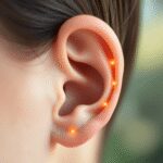 Gros plan sur une oreille calme avec des points d'acupuncture lumineux sur un fond naturel doux symbolisant la guérison holistique.
