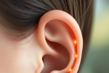 Gros plan sur une oreille calme avec des points d'acupuncture lumineux sur un fond naturel doux symbolisant la guérison holistique.