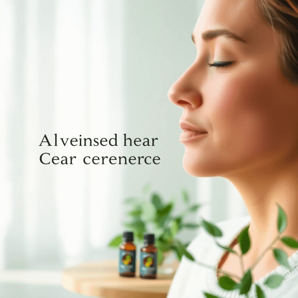 Gros plan sur une personne les yeux fermés pratiquant la respiration consciente, entourée de bouteilles d'huiles essentielles et de verdure dans un...