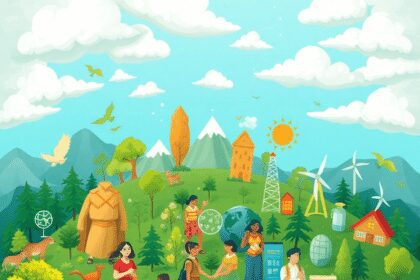 Illustration d'une interconnexion entre l'environnement, la société et l'économie avec des symboles tels que des forêts, des personnes diverses col...