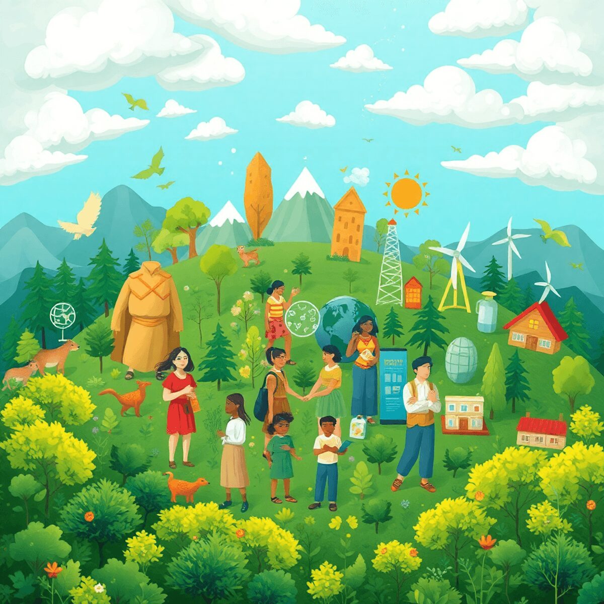 Illustration d'une interconnexion entre l'environnement, la société et l'économie avec des symboles tels que des forêts, des personnes diverses col...