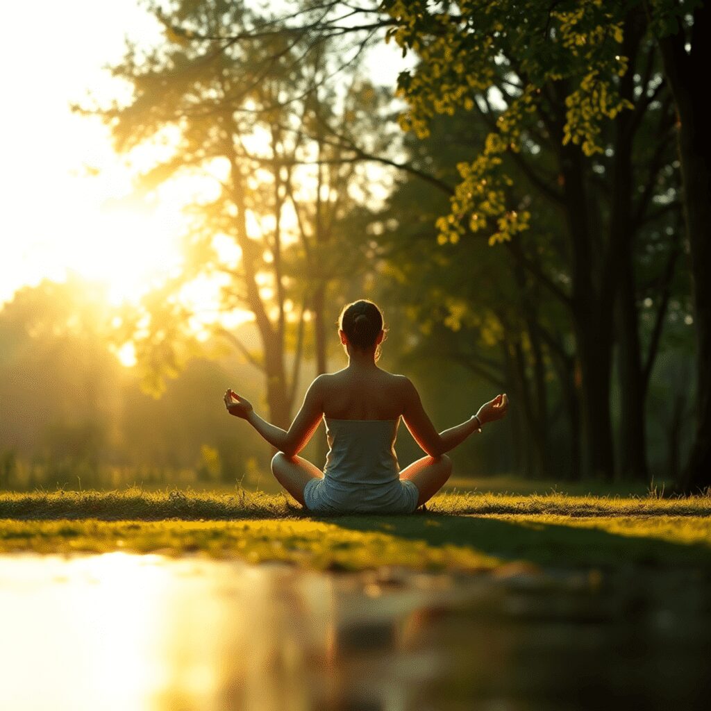 Personne méditant en plein air au lever du soleil, entourée d'arbres et d'eau, baignée dans une douce lumière éclatante symbolisant la paix et l'én...