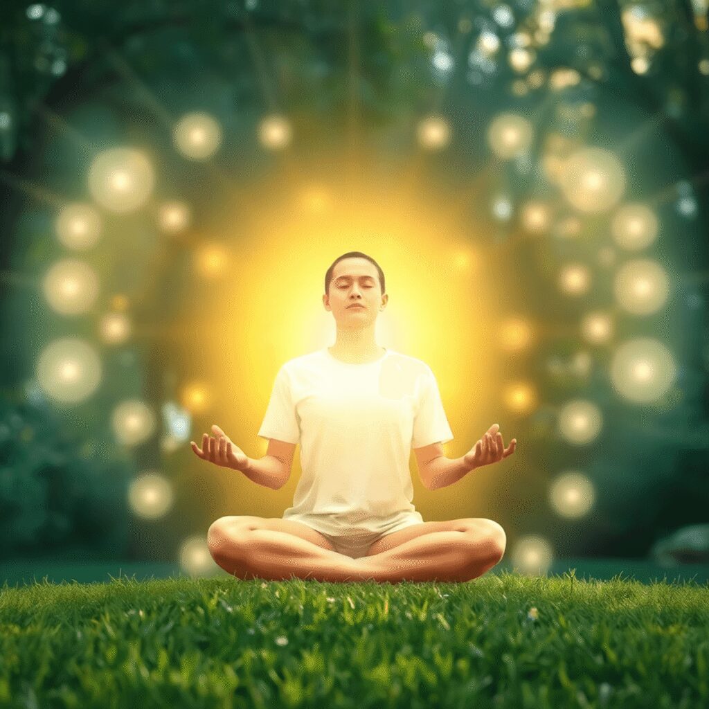 Comment activer le pouvoir d’autoguérison du corps grâce à la méditation énergétique Personne méditant en plein air, entourée de champs d'énergie lumineuse, de rayons de lumière douce, de verdure et de symboles spirituels subtils, é...