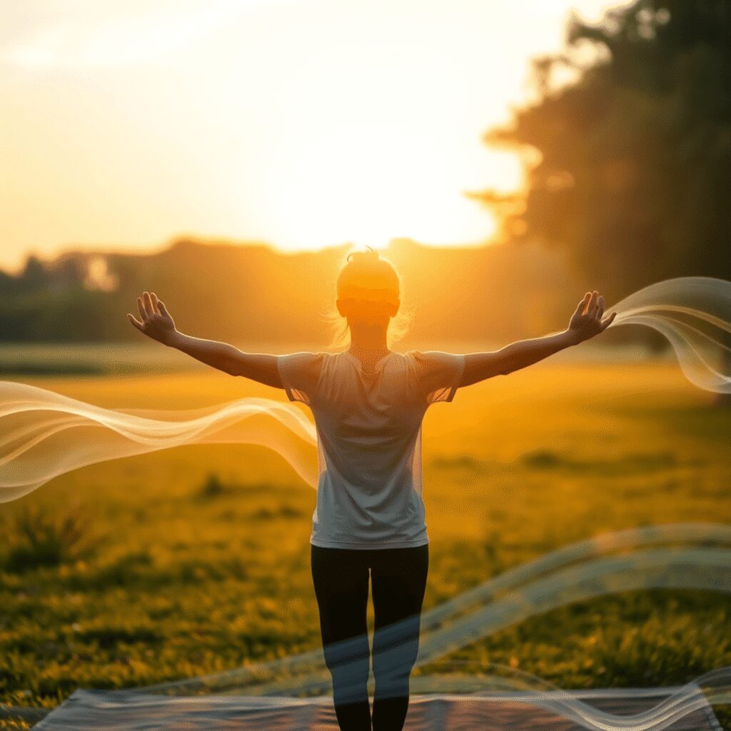 Comment booster sa confiance en soi via des exercices énergétiques quotidiens simples à réaliser seul(e) Personne pratiquant des exercices d'énergie douce en plein air au lever du soleil, avec une lumière douce et des vagues d'énergie fluides symbolisa...