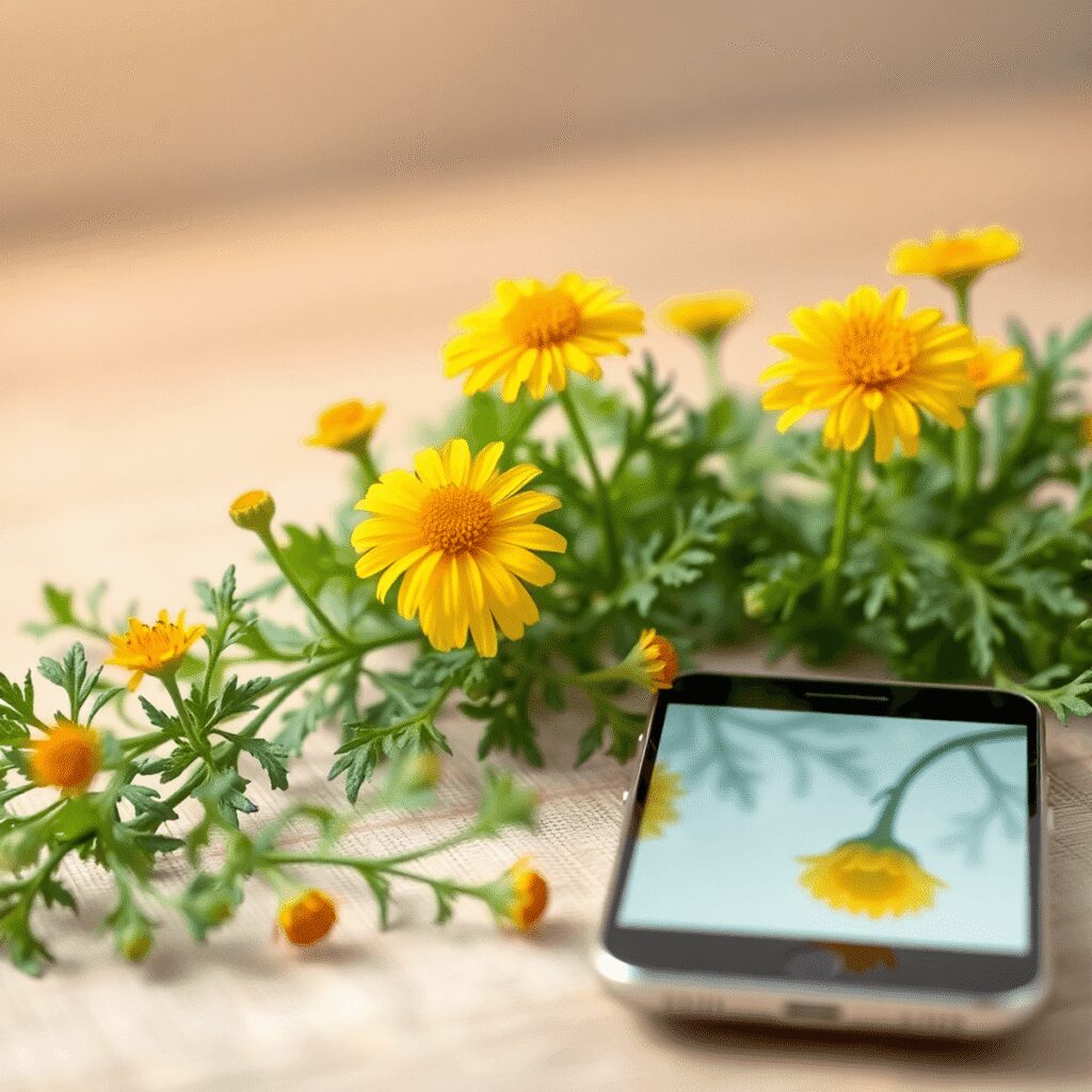 Plantes médicinales vertes comme la calendula à côté d'un smartphone, symbolisant le soulagement de la fatigue oculaire numérique dans un cadre nat...