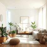 Salon ensoleillé avec des plantes, des cristaux, des tissus fluides et des vagues d'énergie lumineuse subtile créant une atmosphère calme et équili...