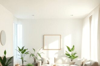 Salon ensoleillé avec des plantes, des cristaux, des tissus fluides et des vagues d'énergie lumineuse subtile créant une atmosphère calme et équili...