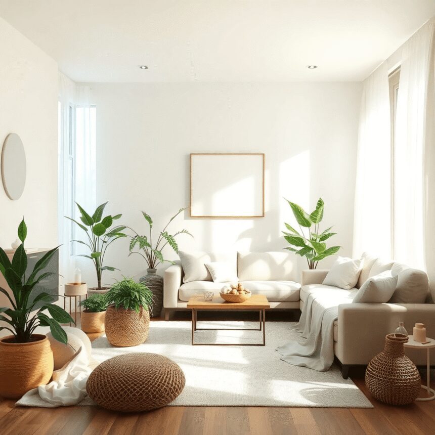 Les secrets du magnétisme personnel pour harmoniser son habitat Salon ensoleillé avec des plantes, des cristaux, des tissus fluides et des vagues d'énergie lumineuse subtile créant une atmosphère calme et équili...