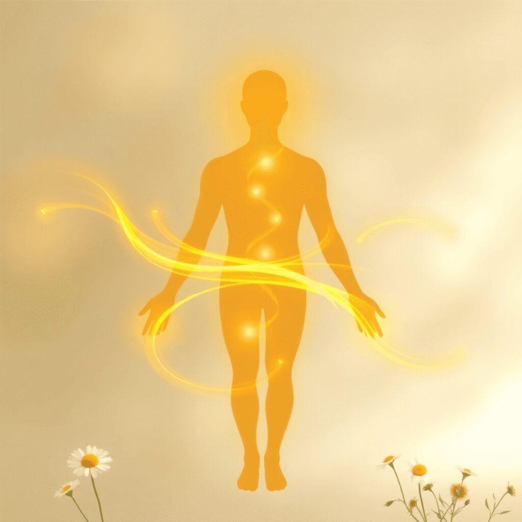 Quels exercices quotidiens pour relancer sa circulation énergétique stagnante ? Silhouette humaine avec des flux d'énergie dorée fluide sur un fond doux présentant des plantes de camomille, symbolisant une circulation d'énergie...