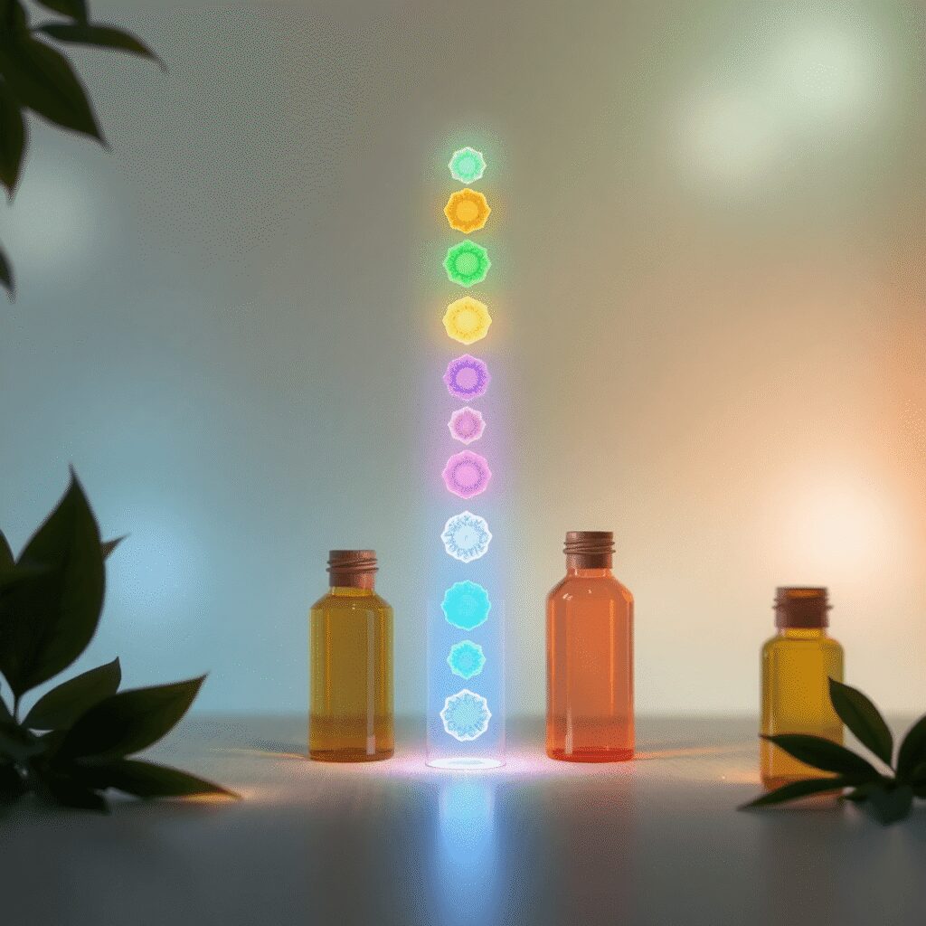 L’aromathérapie vibratoire : huiles essentielles et chakras, mode d’emploi 2025 Symboles de chakra colorés alignés verticalement avec des bouteilles d'huile essentielle translucides et lumineuses, sur fond de dégradé naturel ap...