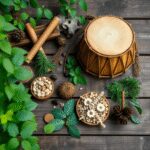 Tambour à main, herbes sacrées et plantes médicinales disposés sur une surface en bois dans un cadre naturel serein, symbolisant d'anciennes rituel...