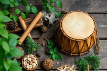 Tambour à main, herbes sacrées et plantes médicinales disposés sur une surface en bois dans un cadre naturel serein, symbolisant d'anciennes rituel...