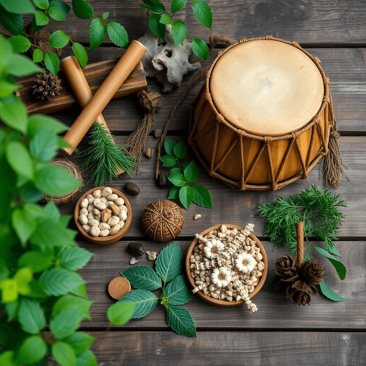Tambour à main, herbes sacrées et plantes médicinales disposés sur une surface en bois dans un cadre naturel serein, symbolisant d'anciennes rituel...