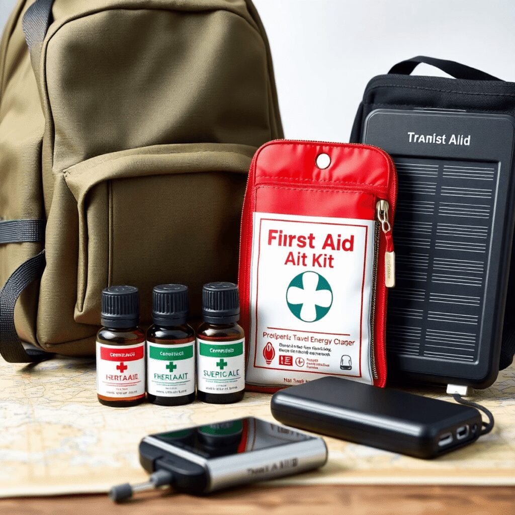Créer une trousse de secours énergétique pour voyager sereinement en 2025 Trousse de premiers secours compacte, flacons d'huiles essentielles et chargeur solaire sur une carte de voyage avec un sac à dos, symbolisant la p...