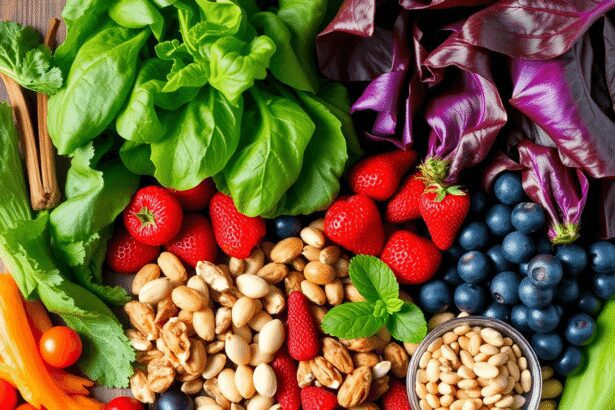 Un assortiment coloré de légumes à feuilles fraîches, de baies, de noix et de graines sur une table en bois rustique, mettant en valeur des aliment...