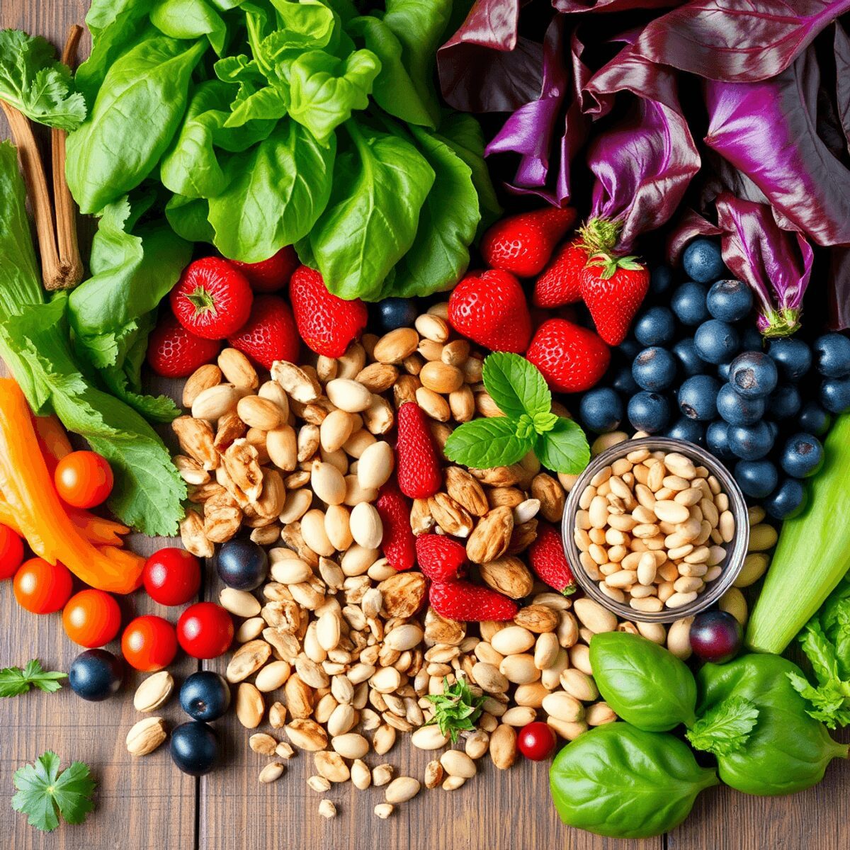 Un assortiment coloré de légumes à feuilles fraîches, de baies, de noix et de graines sur une table en bois rustique, mettant en valeur des aliment...