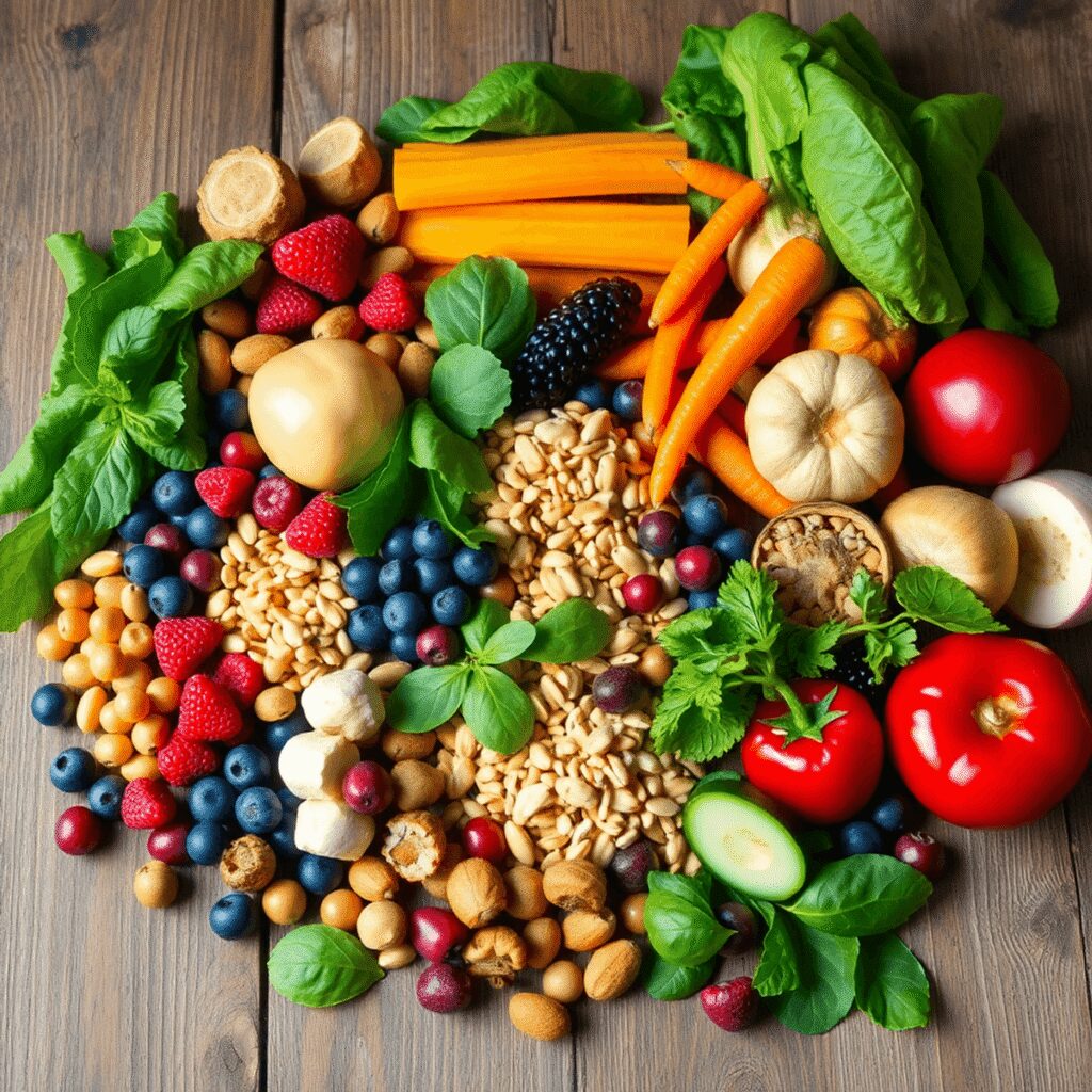 Un assortiment vibrant de baies, de noix, de graines, de légumes à feuilles et d'aliments fermentés disposés sur une table en bois rustique symboli...