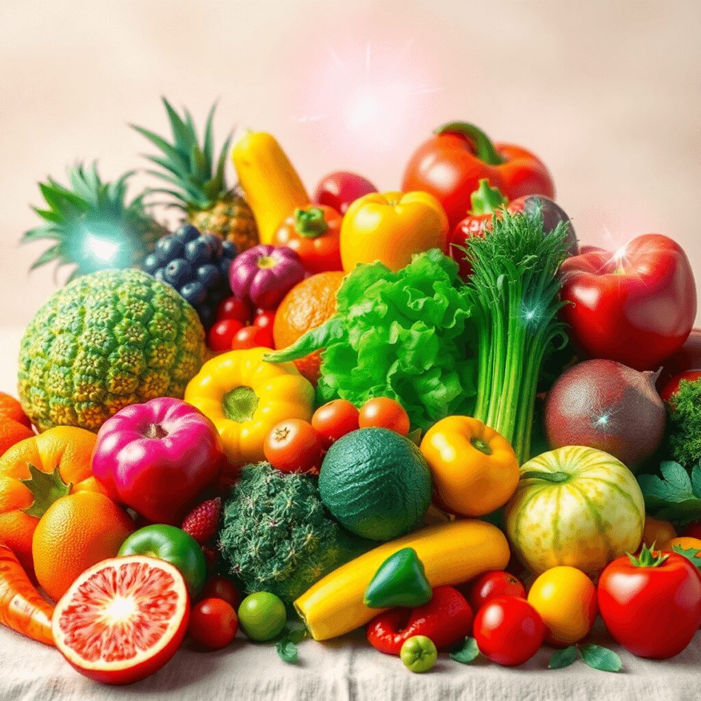 Nutrition vibratoire : quels aliments élèvent vraiment votre taux énergétique ? Un assortiment vibrant de fruits et légumes frais rayonnant d'ondes d'énergie radieuse contre un fond naturel doux.