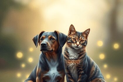 Un chien et un chat calmes assis ensemble, entourés de douces vagues lumineuses dans un cadre naturel paisible.