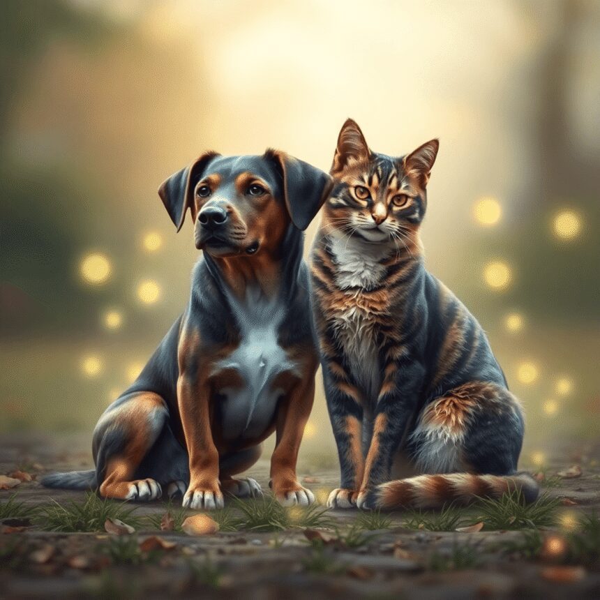 Décoder les signaux énergétiques envoyés par vos animaux de compagnie Un chien et un chat calmes assis ensemble, entourés de douces vagues lumineuses dans un cadre naturel paisible.