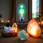 Un espace de méditation calme avec des cristaux de Spirit Quartz lumineux et des cristaux de Calcite colorés, doucement éclairé avec des symboles d...