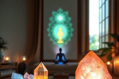 Un espace de méditation calme avec des cristaux de Spirit Quartz lumineux et des cristaux de Calcite colorés, doucement éclairé avec des symboles d...