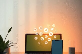 Un espace de travail serein avec un ordinateur portable et un smartphone, des icônes de médias sociaux s'estompant dans la lumière, entouré de plan...