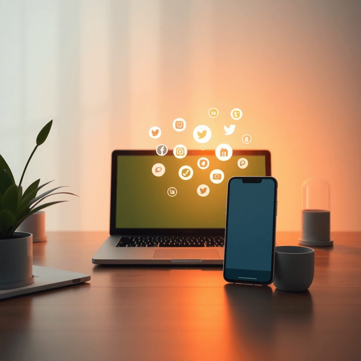 Un espace de travail serein avec un ordinateur portable et un smartphone, des icônes de médias sociaux s'estompant dans la lumière, entouré de plan...