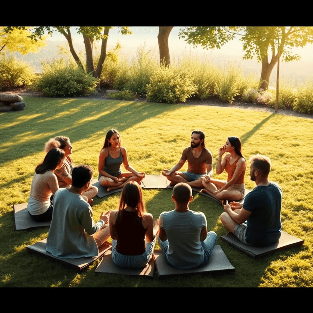 Un groupe de personnes méditant en cercle à l'extérieur, entouré de verdure et de douce lumière naturelle, symbolisant le calme collectif et l'éner...