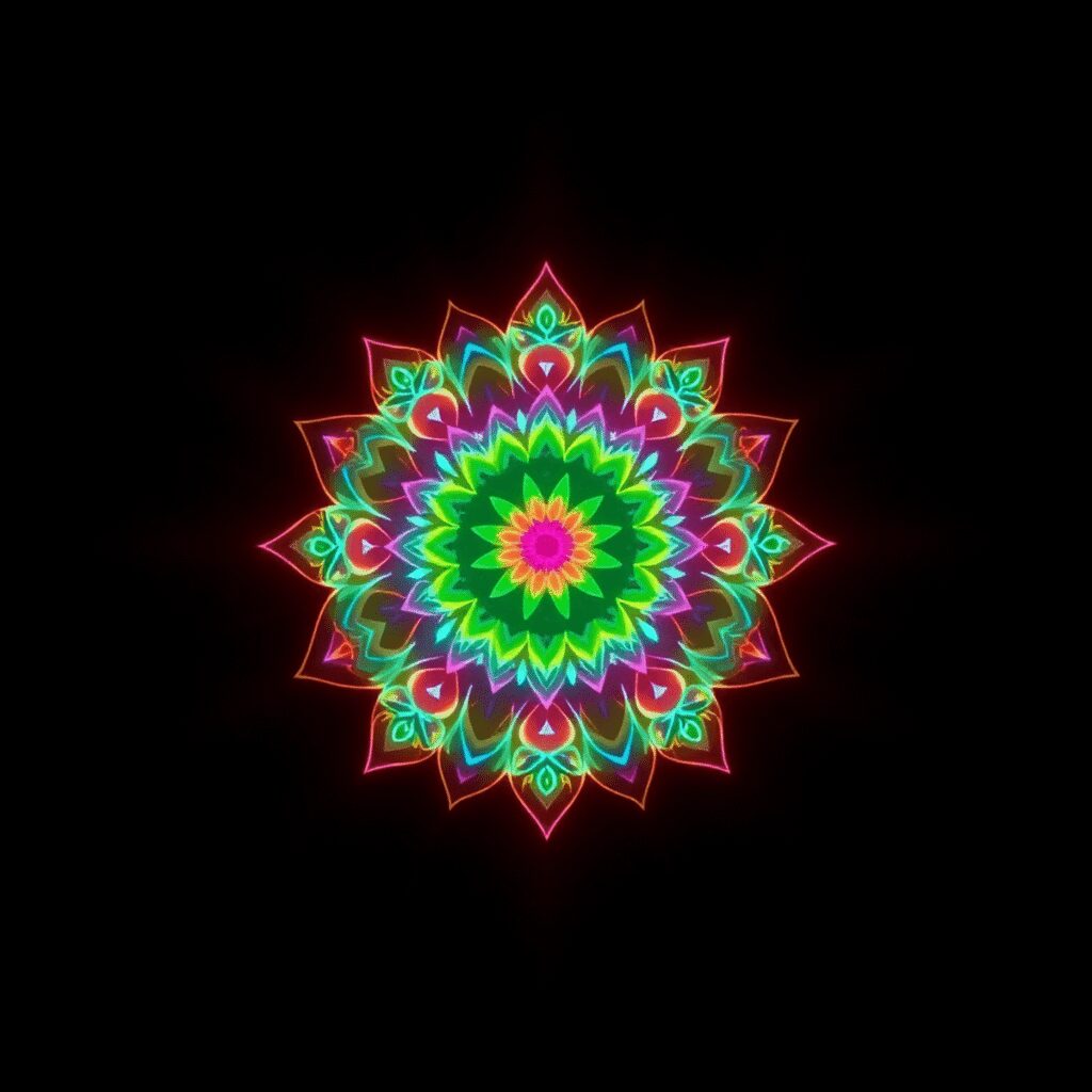Le pouvoir des mandalas vibratoires dans le recentrage mental et spirituel moderne Un mandala coloré et lumineux avec des rayons de lumière douce sur un fond sombre, symbolisant l'harmonie et la paix intérieure dans un style réali...