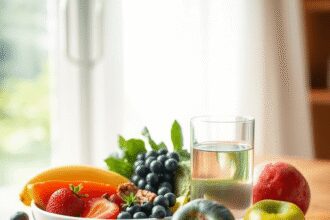 Un repas lumineux et serein avec des fruits frais, des noix et un verre d'eau sur une table en bois, baigné d'une douce lumière naturelle symbolisa...