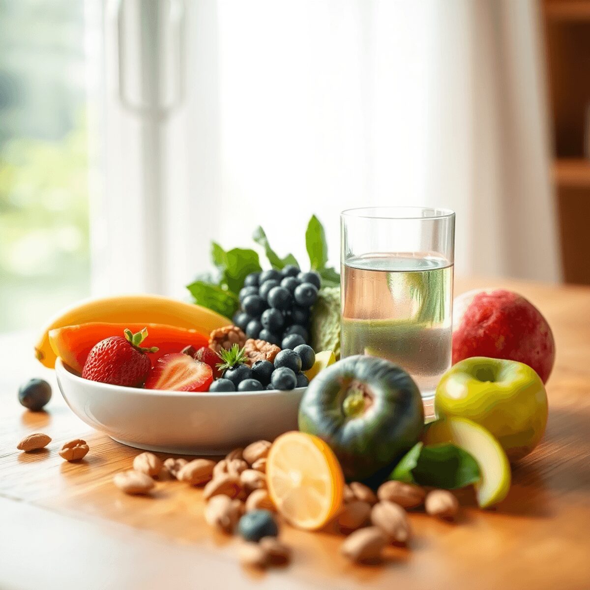 Un repas lumineux et serein avec des fruits frais, des noix et un verre d'eau sur une table en bois, baigné d'une douce lumière naturelle symbolisa...