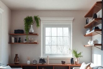 Un salon paisible avec des cristaux d'améthyste, de tourmaline noire et de quartz clair sur des étagères et des tables en bois, éclairé par une dou...