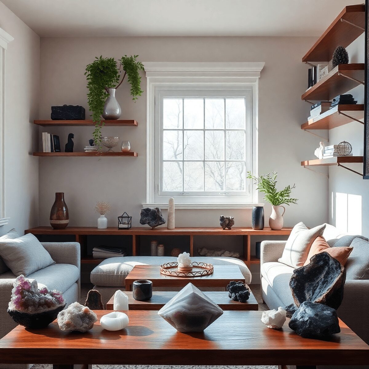 Un salon paisible avec des cristaux d'améthyste, de tourmaline noire et de quartz clair sur des étagères et des tables en bois, éclairé par une dou...